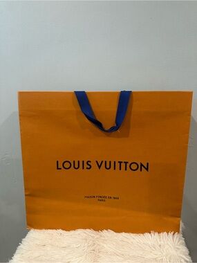 AuthentiLouis Vuitton Large Orange Foldable Paper Shopping Bag with Blue Handles